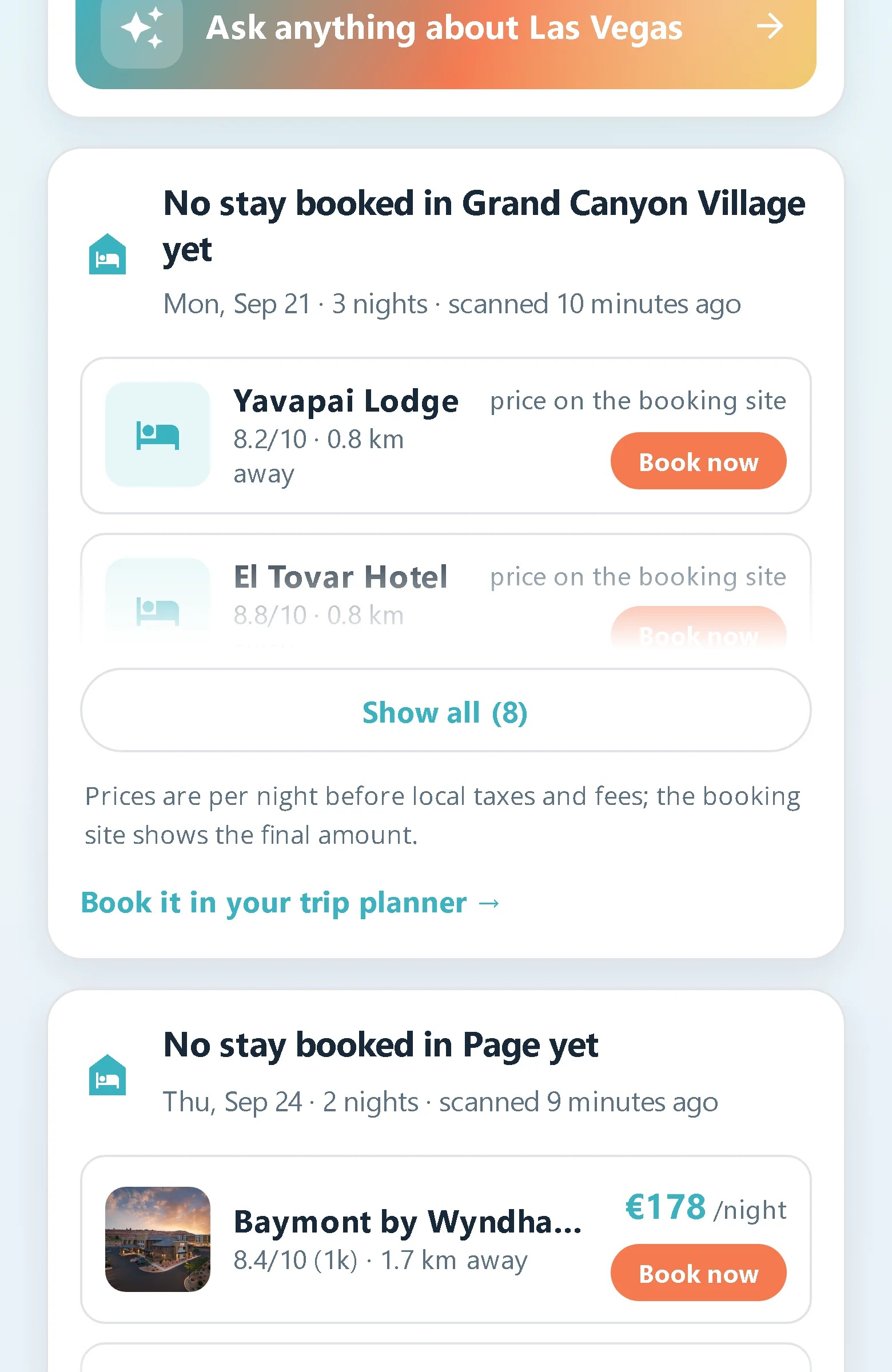 Hotel options with real prices per site, and an honest tip when a town further along sleeps cheaper.