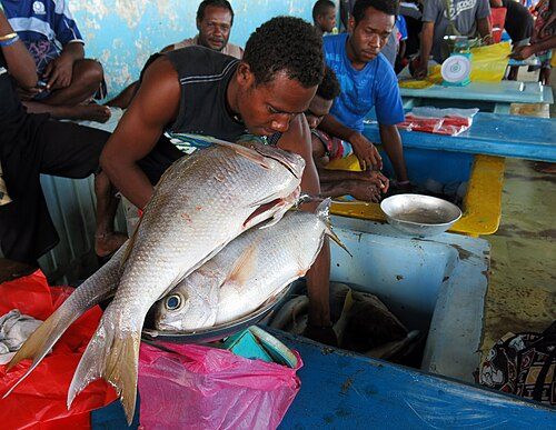 A man sells fish at the central market in Honiara, 2013